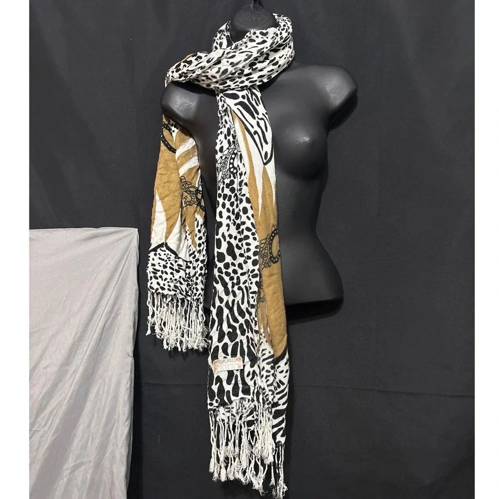 Pashmina Leopard Zebra Print Scarf Black Tan White Fringed Wrap Shawl 80 Inch